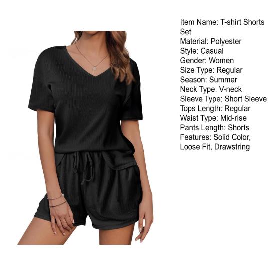 Женский летний комплект из 2 предметов: футболка с коротким рукавом и V-образным вырезом, эластичные шорты на талии, однотонный свободный покрой, повседневный наряд