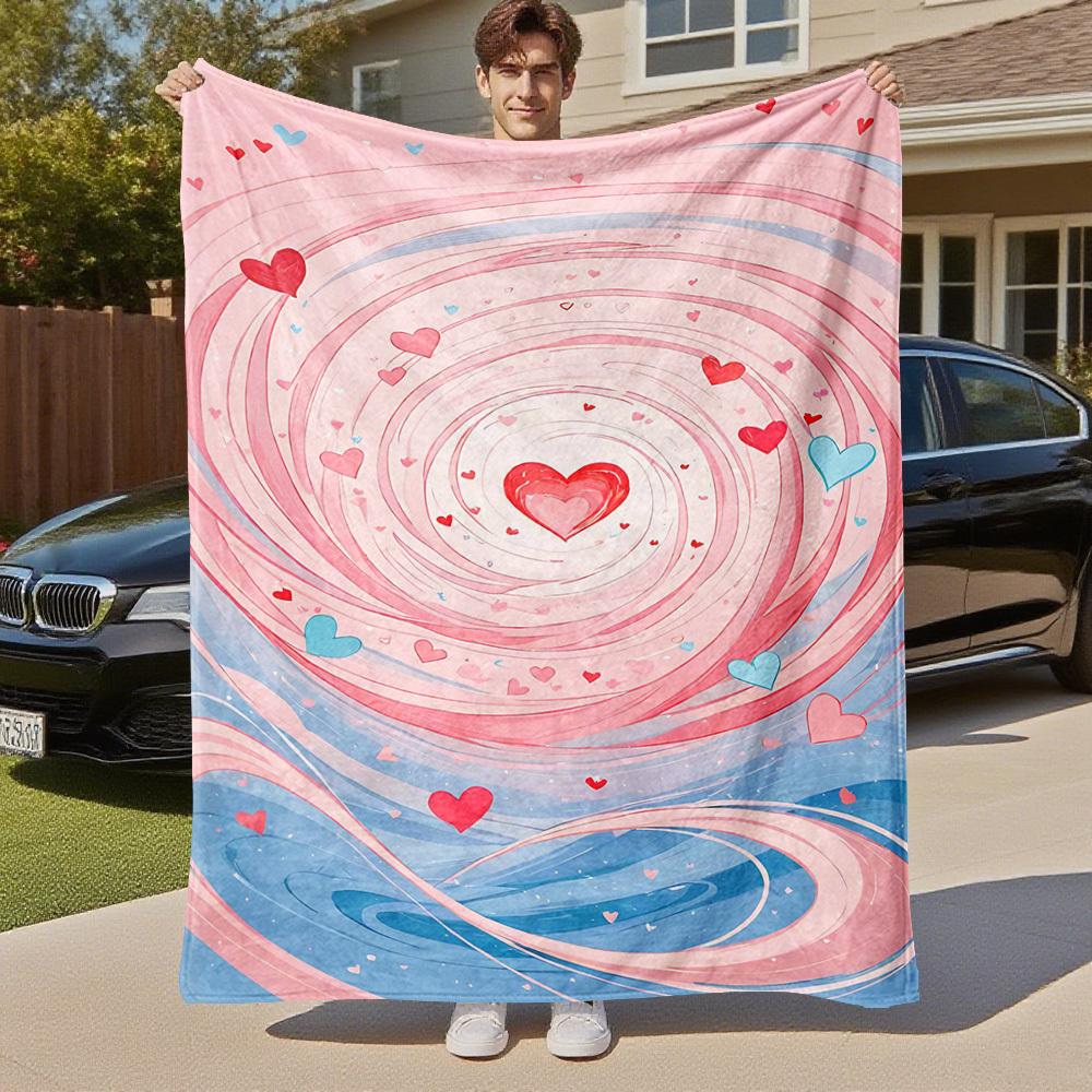 1pc Heart Swirl Outdoor Flannel Blanket Soft Warm All-Season Throw for Sofa Bed Car Camping Office, Cozy Gift Idea1258S