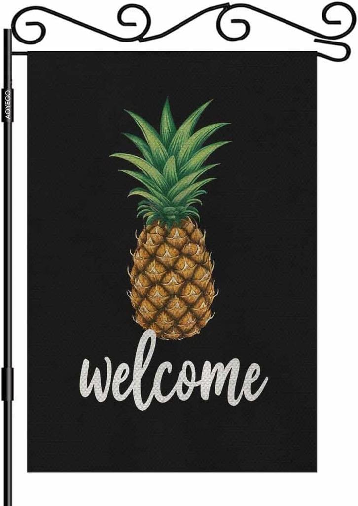 AOYEGO Pineapple Welcome Small Garden ag Vertical Double Sided 12.5 x 18 Inch Hand Painted Black Farmhouse Burlap Yard Out