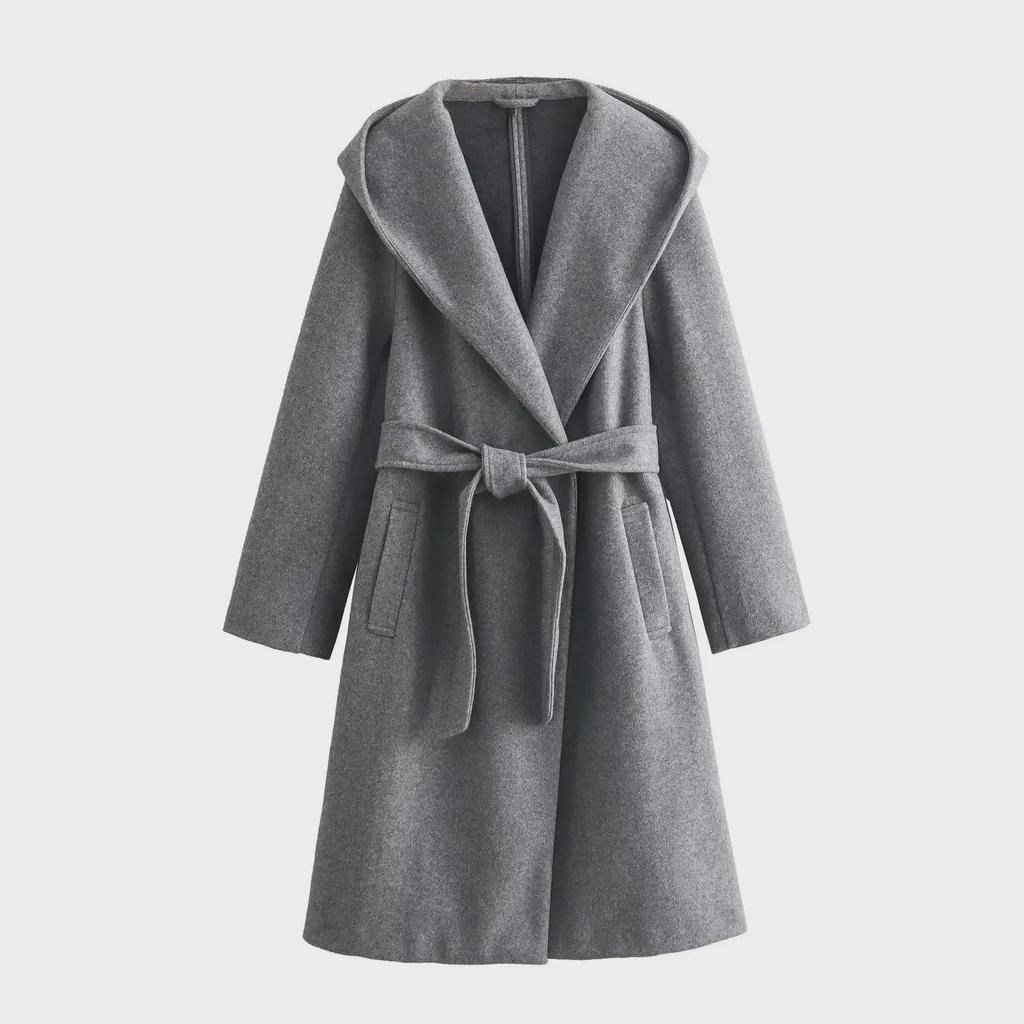 2024 Spring European & American Women's Solid Color Hooded Mid-Length Belted Woolen Coat
