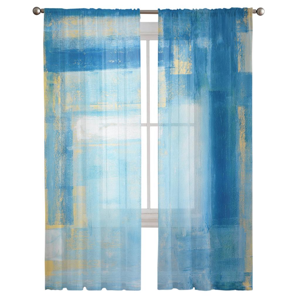 Абстрактная картина маслом синие прозрачные шторы для гостиной спальни домашний декор кухня тюль для окон вуаль шторы