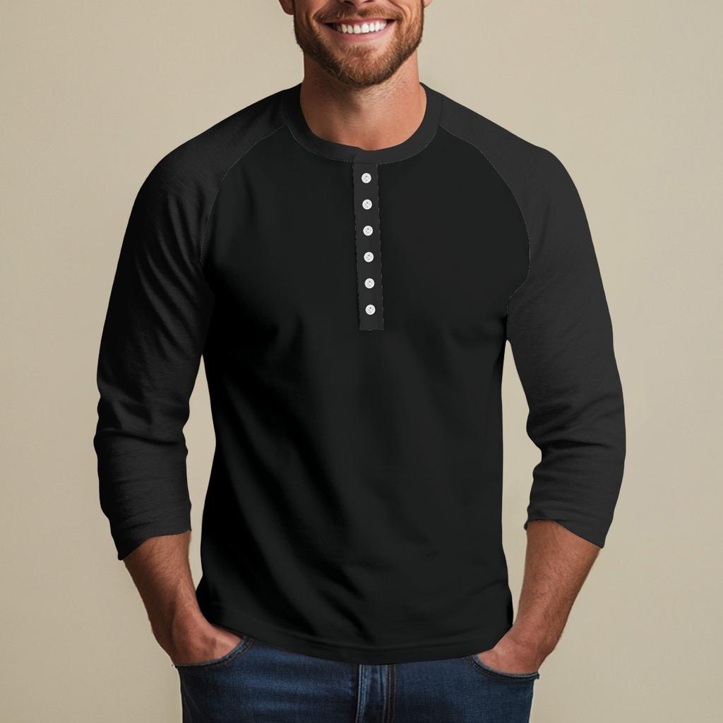 Men's Button-Down Contrast Raglan 3/4 Sleeve Top