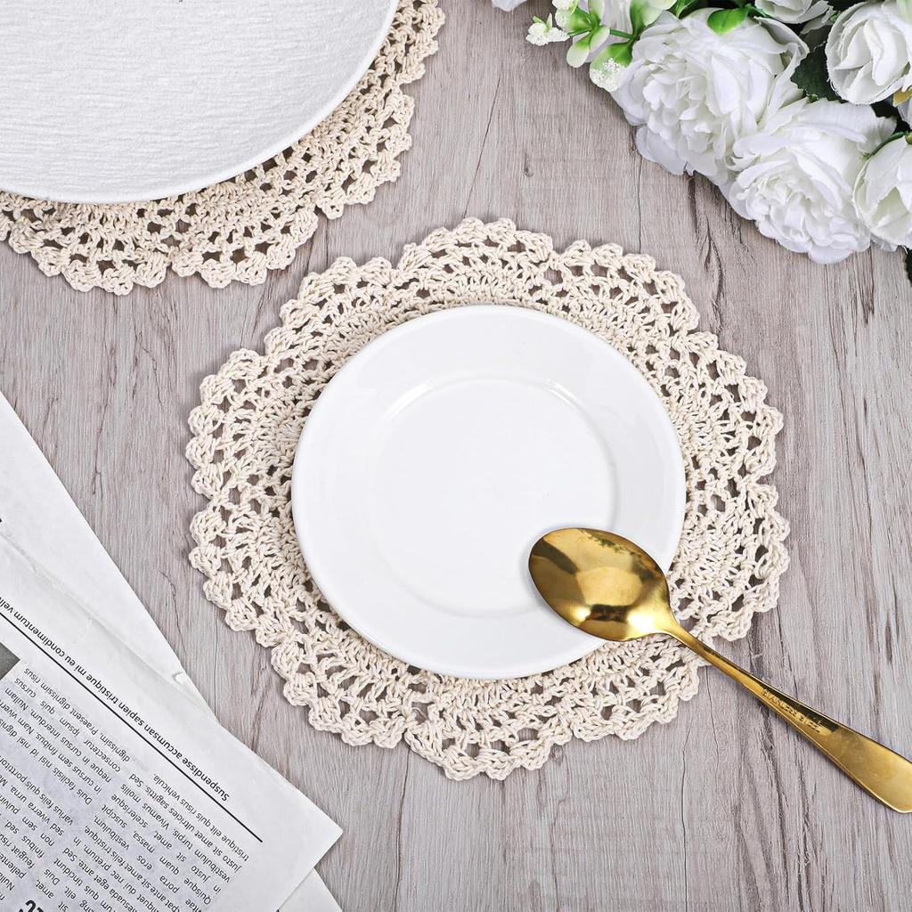 6 Pcs 8 Inch Beige Crochet Doilies, Round Cotton Lace Handmade Placemats & Coasters for Rustic Table Decor, Kitchen Dining Wedding Party