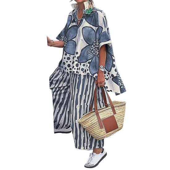 Women's Floral Print Loose Two-Piece Set Lapel Short Sleeve Top Wide Leg Pants Set Summer Casual Boho Streetwear