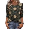 Модный винтажный топ с рукавом три четверти для женщин, женская повседневная блузка-футболка с круглым вырезом и принтом