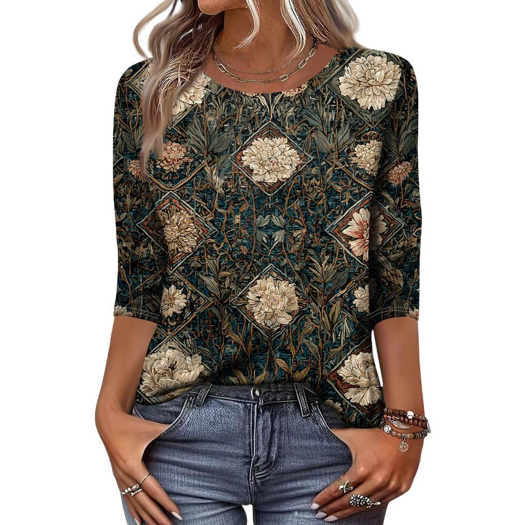 Модный винтажный топ с рукавом три четверти для женщин, женская повседневная блузка-футболка с круглым вырезом и принтом