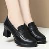 Fashion Comfortable Black Soft Leather Shoes Deep Mouth Spring  Block Heels Shoes Women for Office Mom Model Versatile