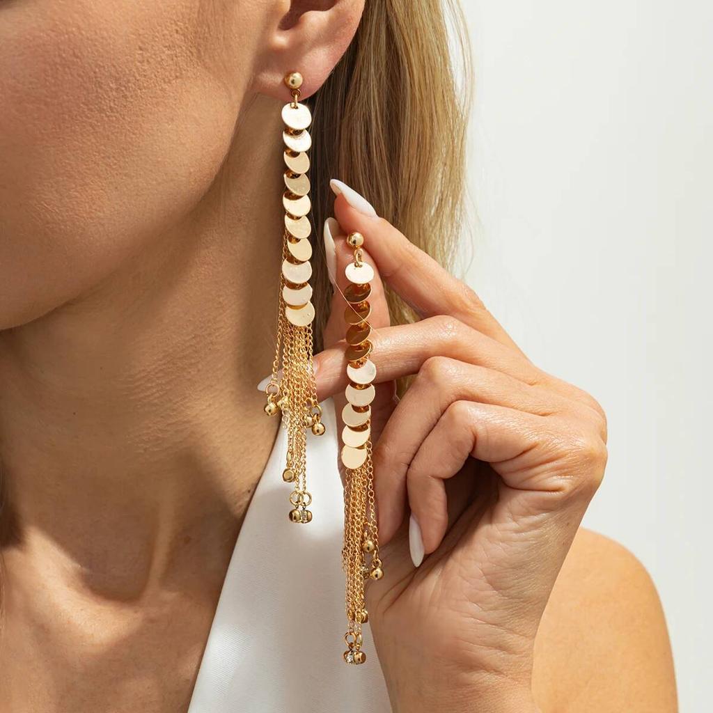 SHIXIN New Elegant Sequin Long Tassel Drop Earrings for Women Sexy Vintage Alloy Round Pendant Earrings Daily Wear Jewelry Gifts