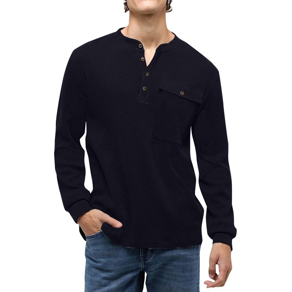 Men'S Button Up Round Neck Top Solid Color Long Sleeved Sports Fashion T-Shirt