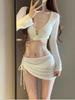 4Pcs Swimsuit Women Fashion Solid Padded Bikinis Sets Bathing Suit Sexy Beach Party Cover Up Long Sleeve Crop Tops and Wrap Skirt