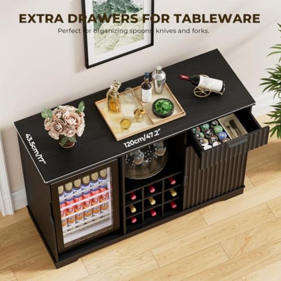 Coffee Bar Cabinet with Fridge Fridge Included,Fluted Wine Bar Cabinet with Wine Rack and Glass Holder, Buffet Sideboard Table