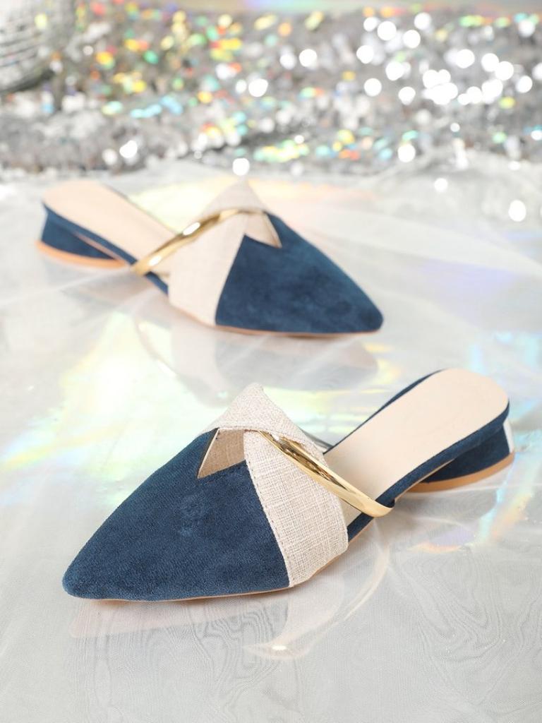 Fashion Women's Low-heeled Sandals Fashion Pointed Shallow Mouth Metal Decoration Soft Soled Slip-resistant Wear Slippers