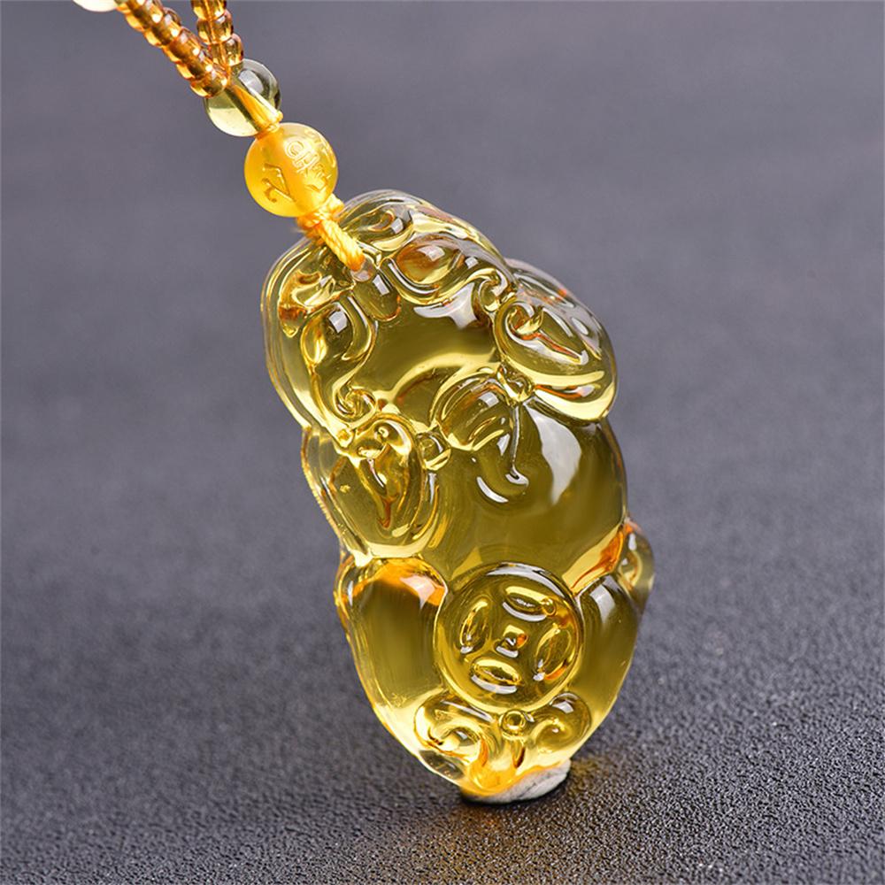 Charm Topaz Hand Carved Chinese God of Wealth Lucky Pendant Ice Yellow Crystal Necklaces Jewelry for Women Man Trendy Gift