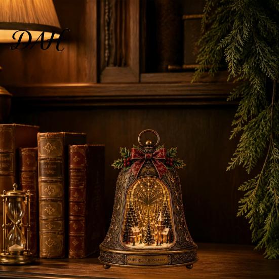 LED Lighted Village Scene Christmas Infinity Bell Ornament, Vintage Glowing Rotating Snow Decor Tree with Angel Wreath Heart, Tabletop Holiday