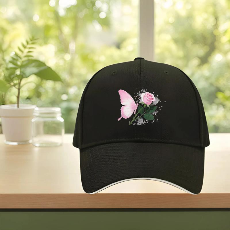 Butterfly Rose Print Baseball Cap Unisex Polyester Breathable Adjustable Casual Sports Hat