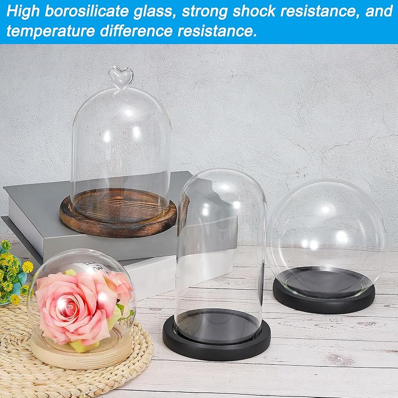 PATIKIL 15.5 x 15 cm clear cloche glass dome glass bell jar display case tabletop centerpiece With black wooden base for christmas interior decoration