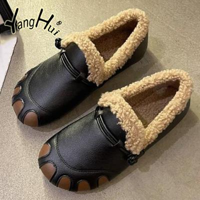 Женская зимняя обувь на плоской подошве 2024 года, новая натуральная искусственная кожа в стиле ретро, плюшевая, сохраняющая тепло, нескользящая обувь для женщин, мода