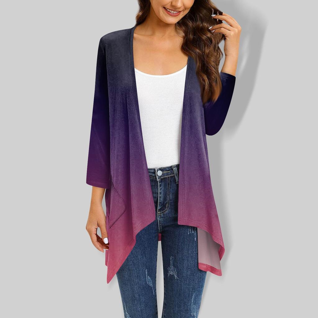 Женский кардиган неправильной формы с градиентным принтом и рукавами три четверти, куртка с карманами