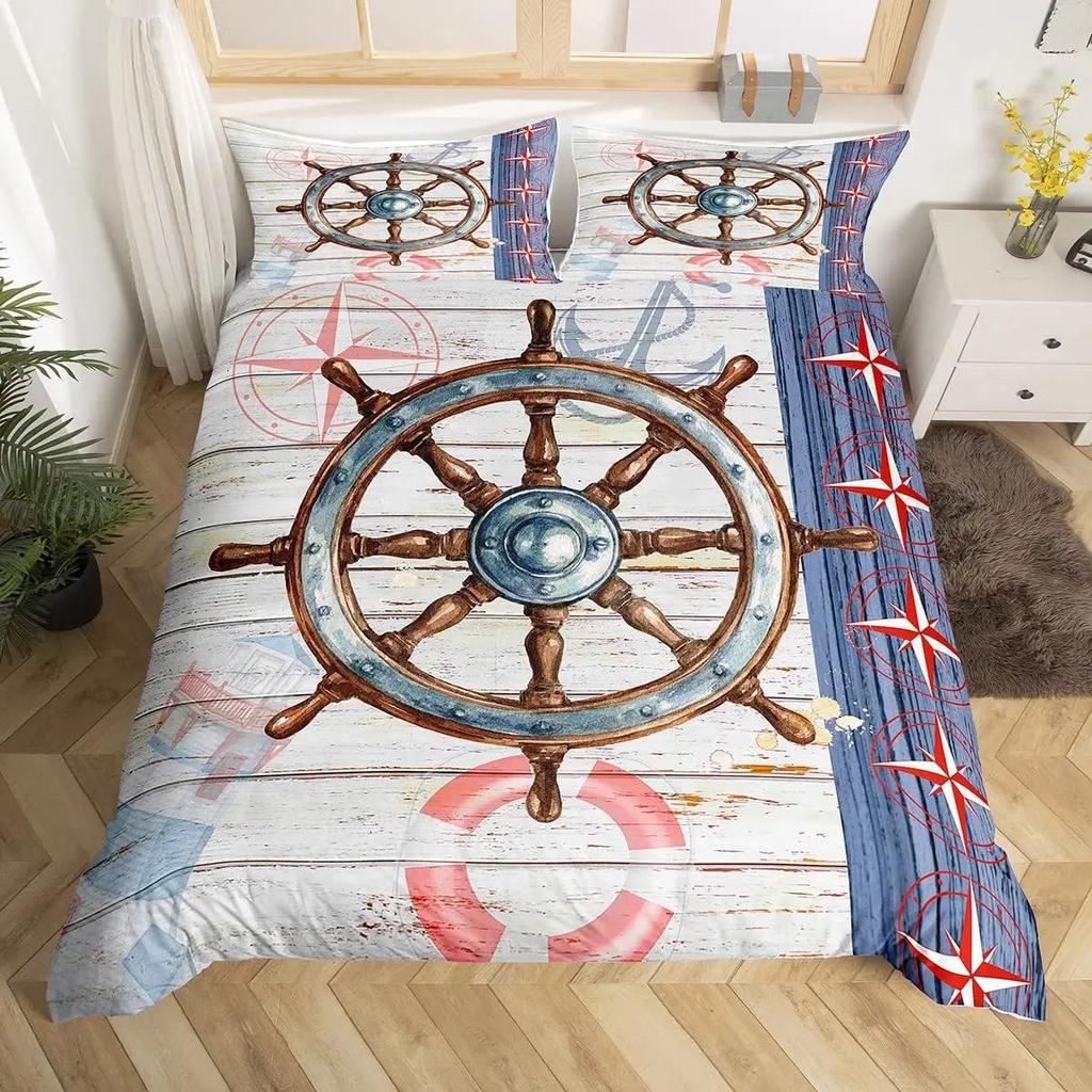 Vintage Nautical Anchor Duvet Cover Set Sailing Lighthouse Bedding Cover With Pillowcase Quilt Cover Three-Piece Set
