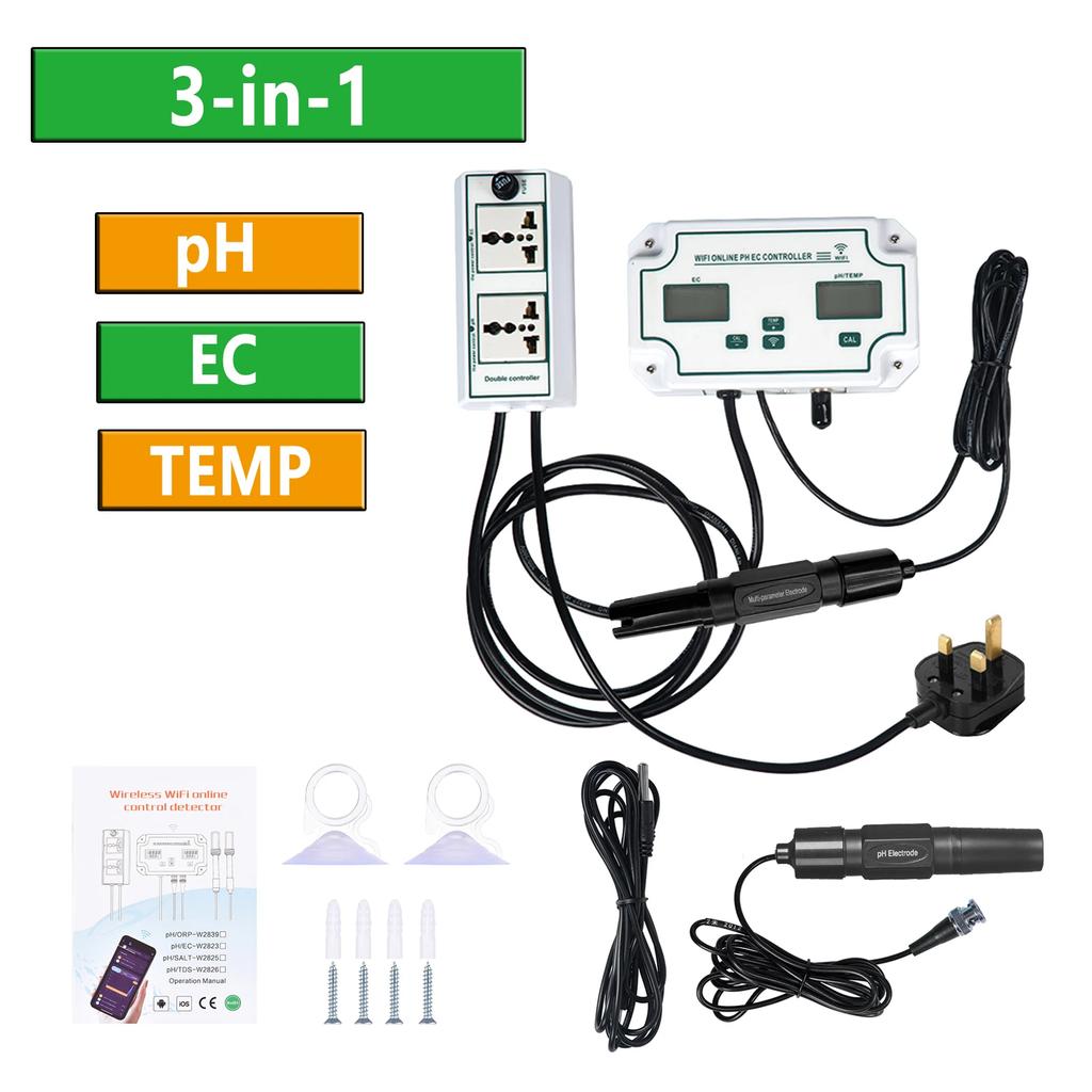 Wireless WiFi Online Control Detector Water Quality Detector 3-in-1 pH/ORP/TEMP Controller Water Quality Tester BNC Type Probe