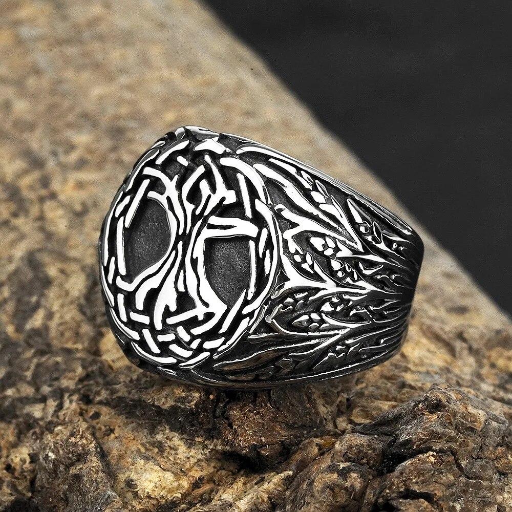 Men Biker Nordic Viking Rings Stainless Steel Retro Nordic Ethnic Belief Odin Viking Rune Ring Men Amulet Jewelry