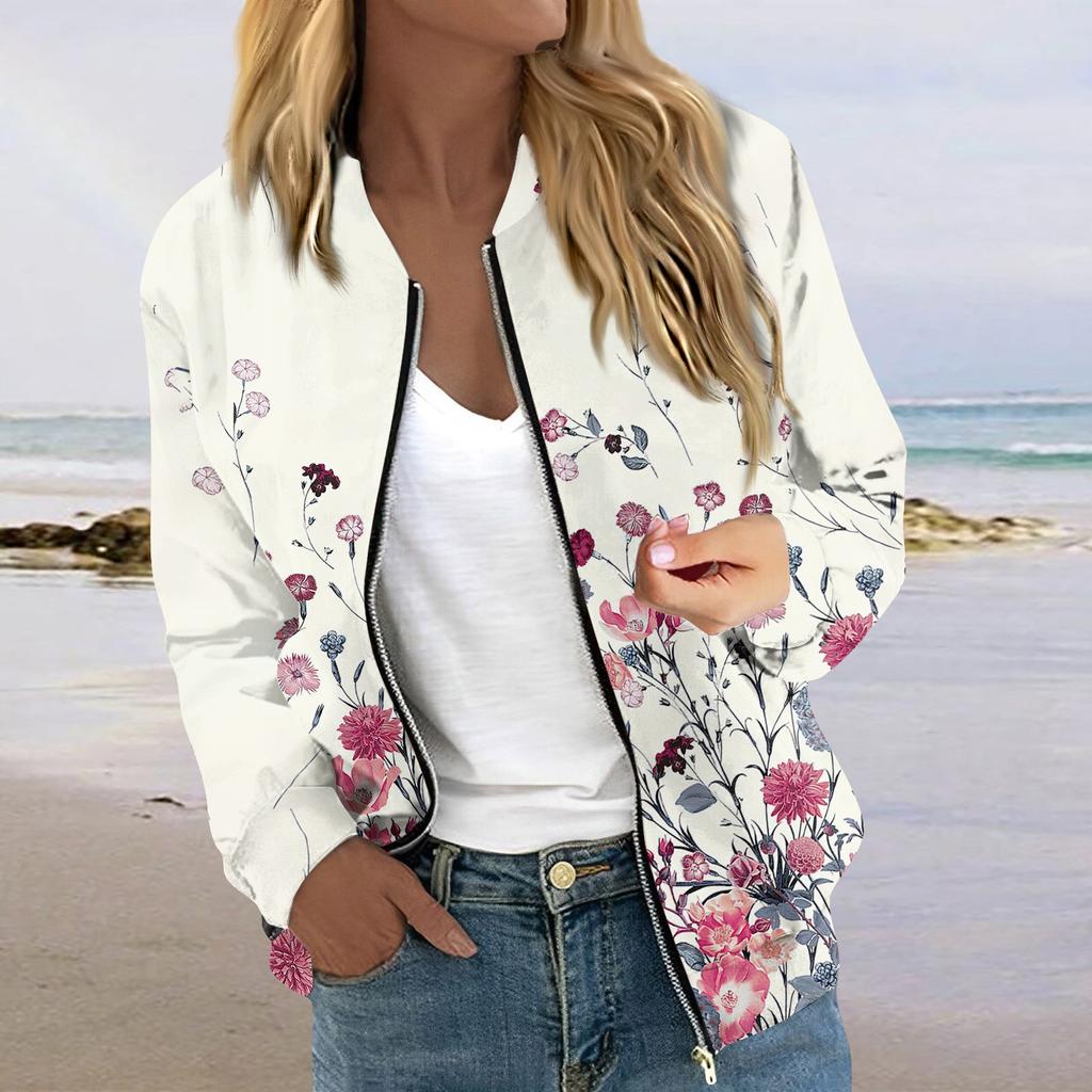 Women's Fashionable Casual Long Sleeve Print Round Neck Zipper Jacket