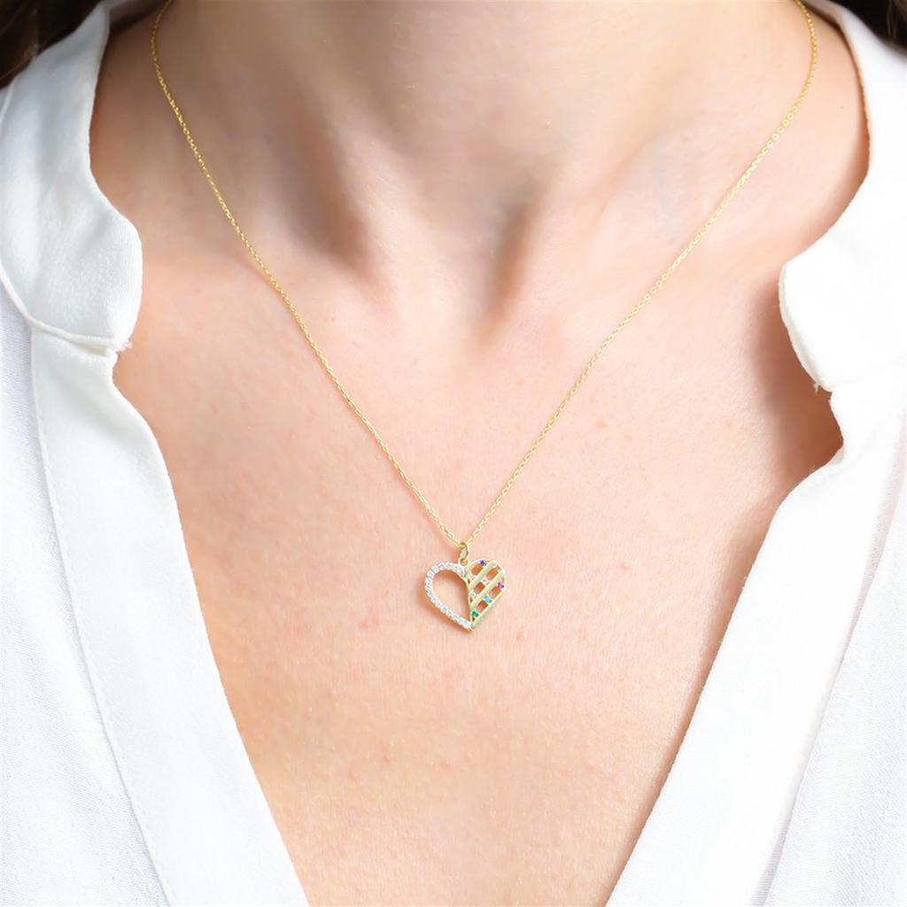 Mix Stone Sparkling Heart Treasure Gold Color Silver Necklace