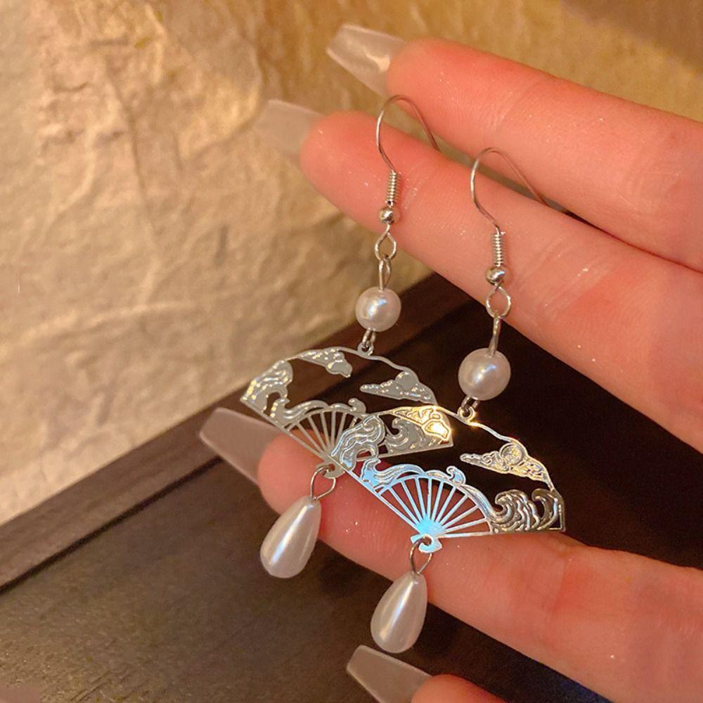 Серьги в форме веера в стиле ретро, креативные длинные серьги-кисточки, серьги-подвески с жемчугом для женщин