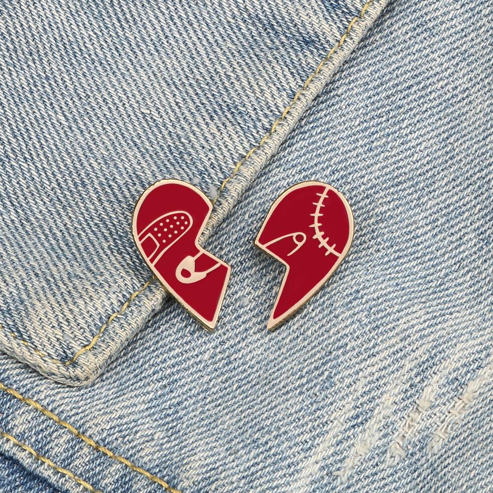 2Pcs/Set Broken Red Heart Brooches Cartoon Enamel Pins Metal  Custom Button Denim Jackets Badges Jewelry For Couple Friends Gift
