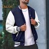 Men Baseball Jacket Stand Collar Long Sleeve Striped Patchwork Color Buttons Closure Jacket Coat with Two Side Pockets