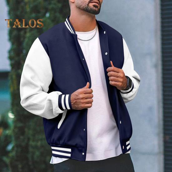 Men Baseball Jacket Stand Collar Long Sleeve Striped Patchwork Color Buttons Closure Jacket Coat with Two Side Pockets