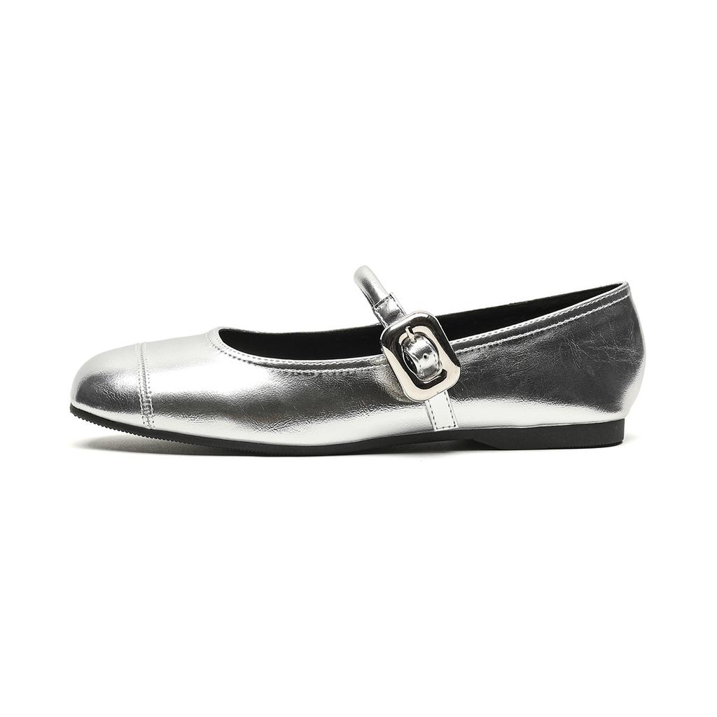 [Shei Su Yinyin] Silver Round Head~ Super Soft French Square Buckle Flat Ballet Shoes Women's Mary Jane Single Shoes