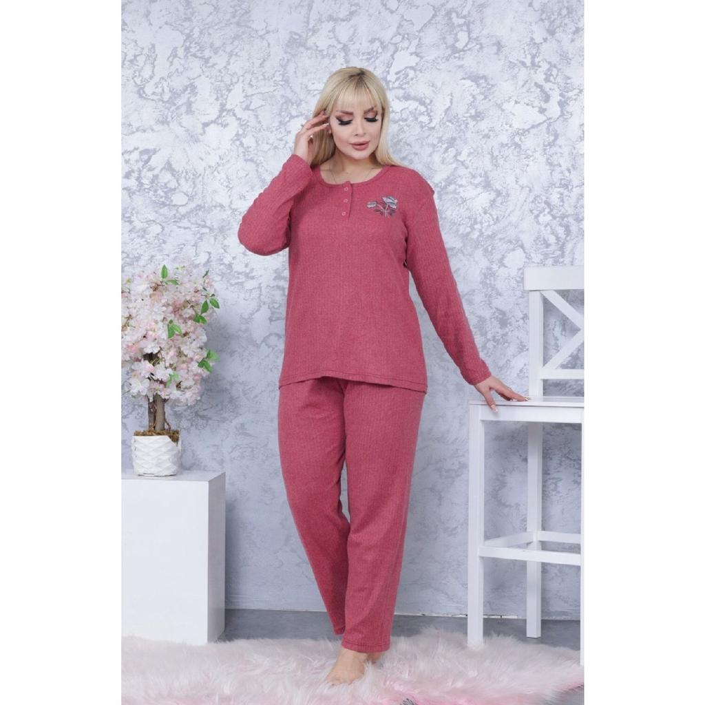 Wide Fit Mother's Winter Long Sleeve Green Plus Size Pajama Set - Single Flower