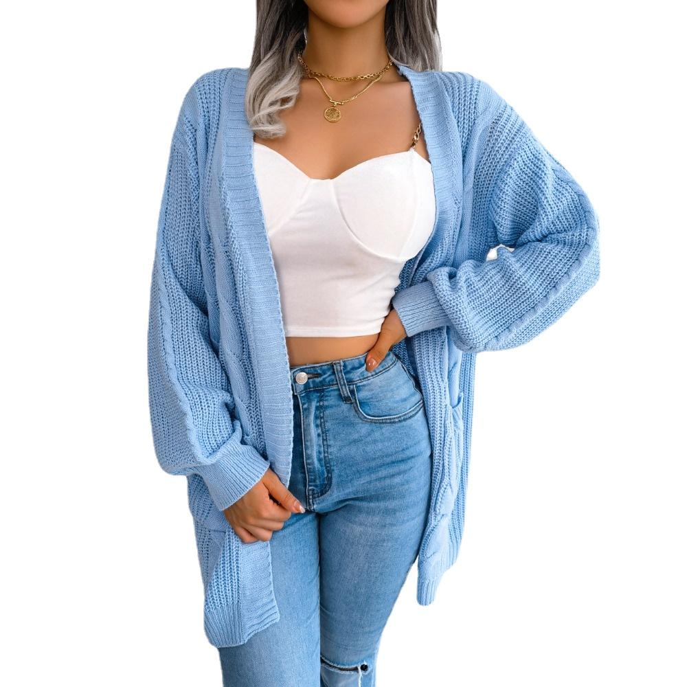 GMXIA Women's Vintage Casual Solid Color Autumn Winter Long Sleeve Loose Jackets & Twist Lantern Cuff Pocket Cardigan Sweater Coats