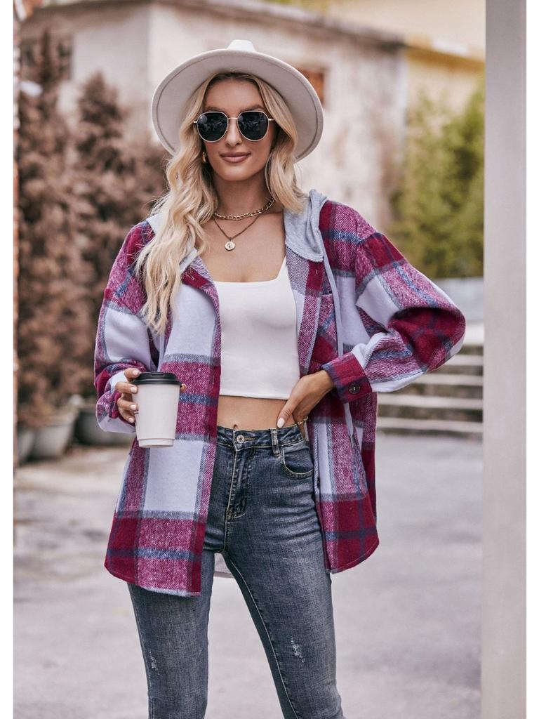 2024 New Autumn and Winter Fashion Simple Casual Hooded Plaid Shirt Loose and Comfortable Commuting Medium Length Women's Coat
