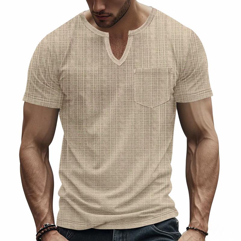 Мужская повседневная футболка-henley с V-образным вырезом, текстурированная, с коротким рукавом и карманом