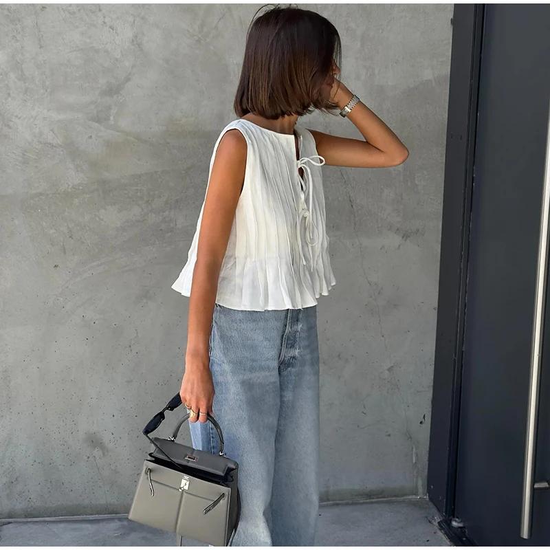 Белый жилет из хлопка и льна, плиссированный короткий топ со шнуровкой, женский, с круглым вырезом, без рукавов, с оборками, топы для отпуска и пляжа, лето