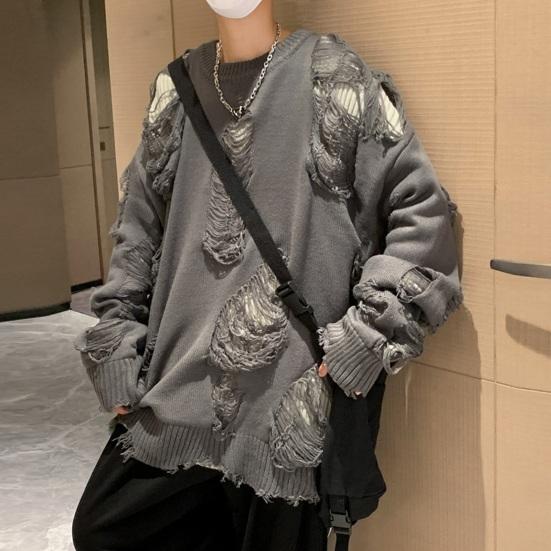 Мужской осенне-зимний свитер, рваный поддельный двухсекционный хип-хоп, однотонный, с вырезами, вязаный с круглым вырезом и длинным рукавом, свободный, мягкий, толстый, теплый, уличная одежда