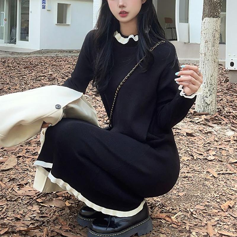 Осень и зима с пальто средней и длинной юбкой Весна и осень Новое трикотажное платье длиной до колена