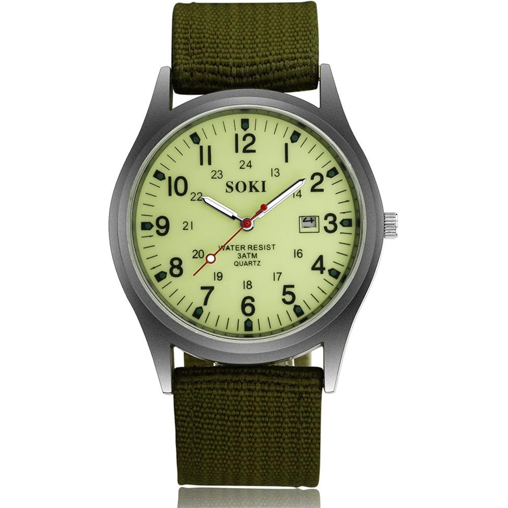 Men's Antique Calendar Waterproof Sports Watch Analog Display Nylon Strap Green 12/24 Hour Quartz