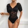Women's Retro Romantic Sexy Lace Lace Deep V-neck Solid Color Puff Sleeve Bodysuits