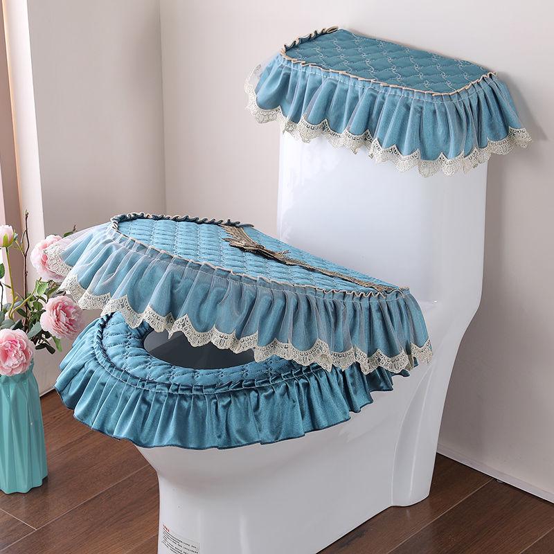 3 Pcs/Set Fabric Lace Toilet Mat Three-Piece Gold Velvet Toilet Seat Cover U-Shaped Zipper Toilet Pedestal Ring Toilet Cover