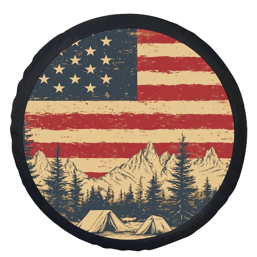 1pc American Flag Camping Scene Themed Tire Cover Wheel Cover, Trendy Universal Wheel Cover Tire Cover Wheel Protection Cover, S