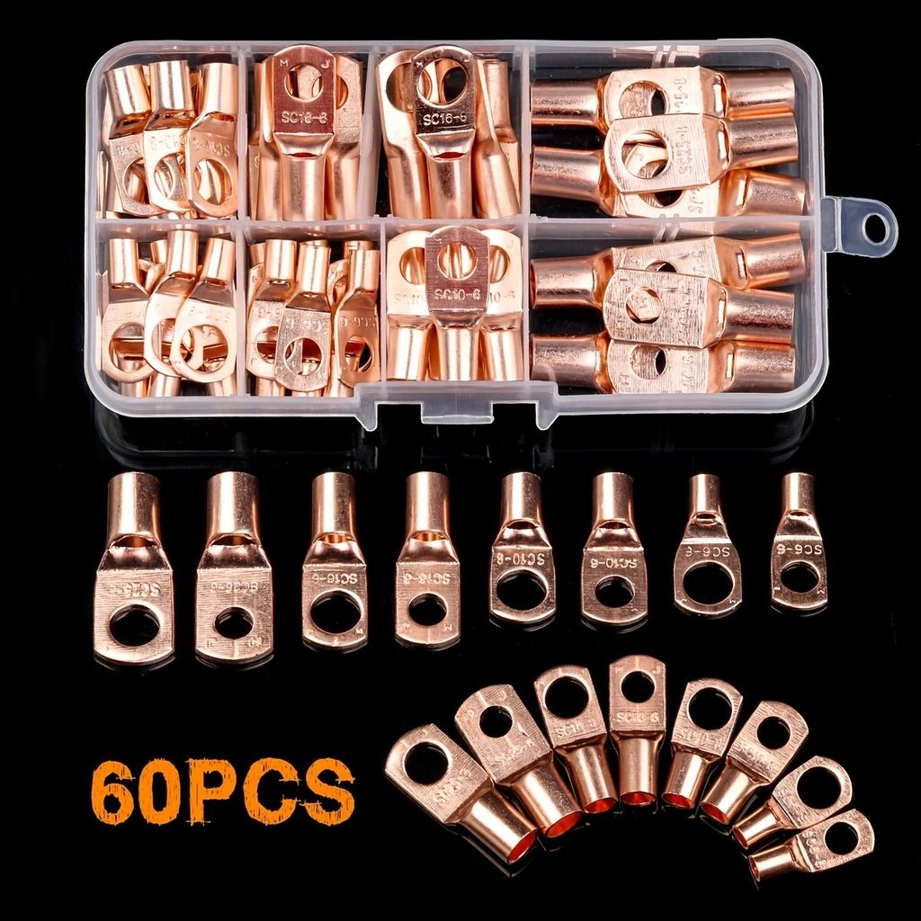 60Pcs Patch Connector Ring SC6-25 Copper Connector Bare Cable Voltage Terminal Connector Kit