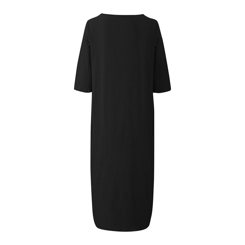 Women's Casual Loose Cotton Linen Mid Sleeve Round Neck Large Size Dress