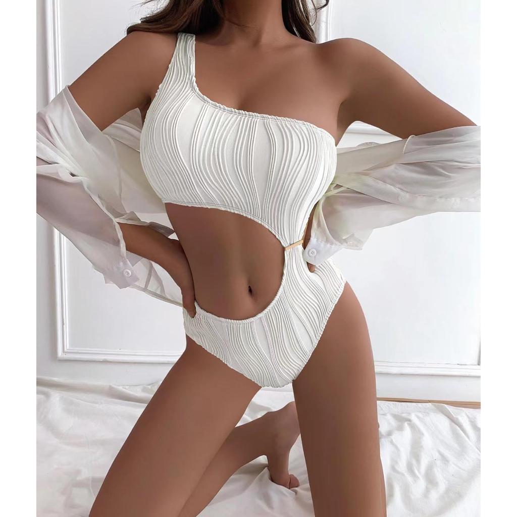 Женский цельный купальник, сексуальный сплошной цвет, текстурированная ткань, сексуальный купальник на одно плечо