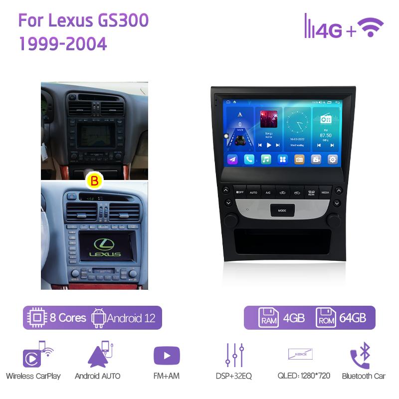 9,0 дюймов Для Lexus GS300 1999-2004 GPS Навигация Радио Android12 8+128 ГБ 8 ядер CarPlay 4G Камера 360 Автомобильный мультимедийный видеоплеер