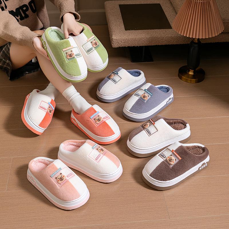 Плюшевые хлопковые домашние тапочки на осень/зиму - с толстой подошвой и теплые для мужчин и женщин