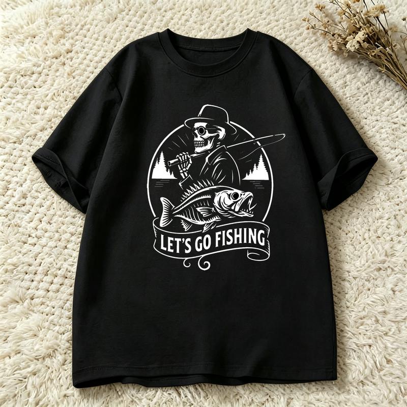 Unisex Casual Short Sleeve T Shirt Skeleton Fisherunisex Lets Go Fishing Distressed Bass Fish Graphic Outdoor Streetwear Tees Y2k Tops