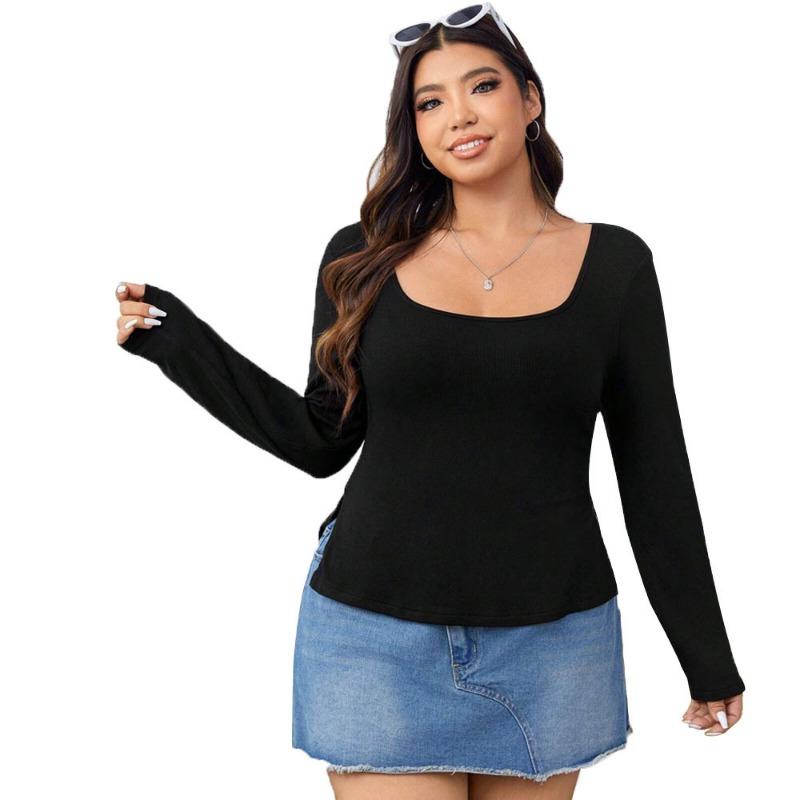Женская вязаная футболка с квадратным воротником, тонкая черная футболка с длинным рукавом, облегающий эластичный дышащий топ, стильная повседневная базовая рубашка, повседневная одежда